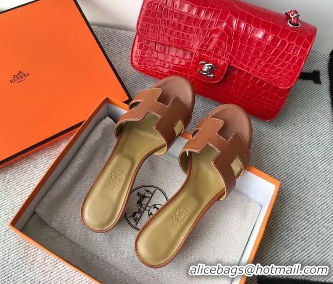 Shop Duplicate Hermes Oasis Sandal in Smooth Metalic Calfskin With 5cm Heel 040284 Brown