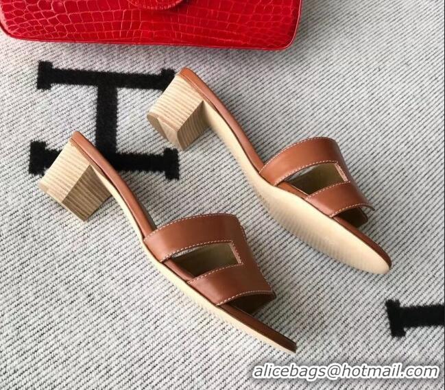 Shop Duplicate Hermes Oasis Sandal in Smooth Metalic Calfskin With 5cm Heel 040284 Brown