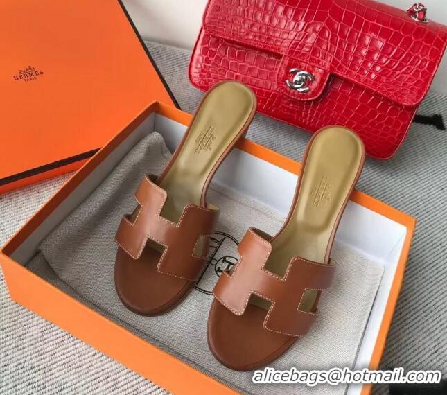 Shop Duplicate Hermes Oasis Sandal in Smooth Metalic Calfskin With 5cm Heel 040284 Brown