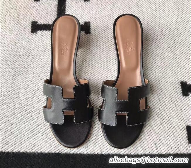 Popular Style Hermes Oasis Sandal in Smooth Metalic Calfskin With 5cm Heel 040284 Black