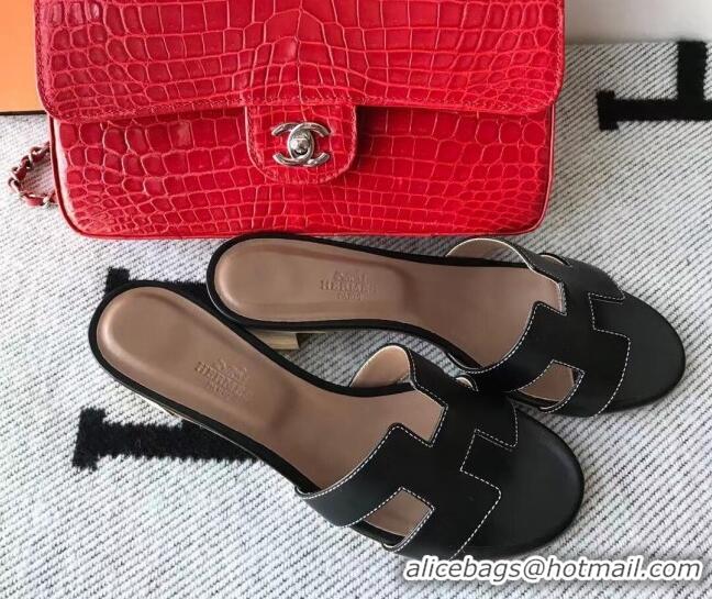 Popular Style Hermes Oasis Sandal in Smooth Metalic Calfskin With 5cm Heel 040284 Black