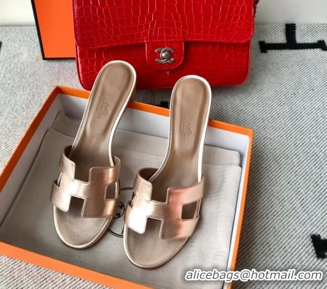 Low Price Hermes Oasis Sandal in Smooth Metalic Calfskin With 5cm Heel 040284 Light Gold