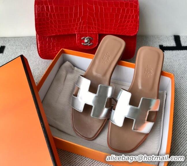 Pretty Style Hermes Oran H Flat Slipper Sandals in Smooth Metallic Calfskin 040294 Silver 2021