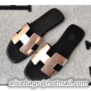 Good Quality Hermes Oran H Flat Slipper Sandals in Smooth Metallic Calfskin 040294 Pink Gold/Black 2021