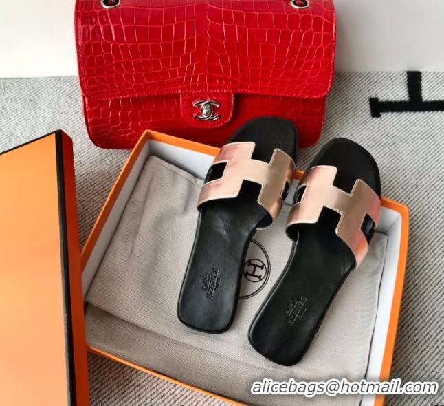 Good Quality Hermes Oran H Flat Slipper Sandals in Smooth Metallic Calfskin 040294 Pink Gold/Black 2021