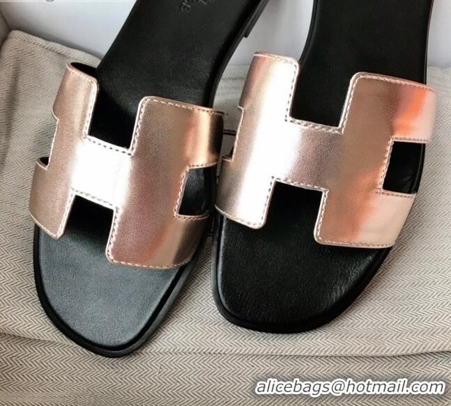 Good Quality Hermes Oran H Flat Slipper Sandals in Smooth Metallic Calfskin 040294 Pink Gold/Black 2021