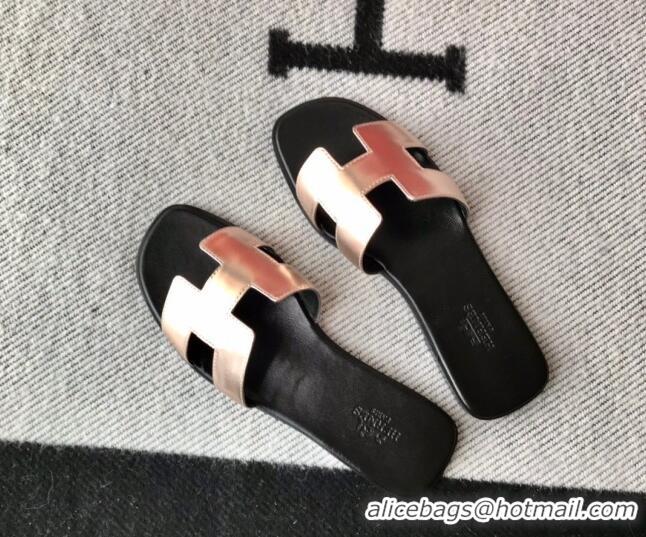 Good Quality Hermes Oran H Flat Slipper Sandals in Smooth Metallic Calfskin 040294 Pink Gold/Black 2021