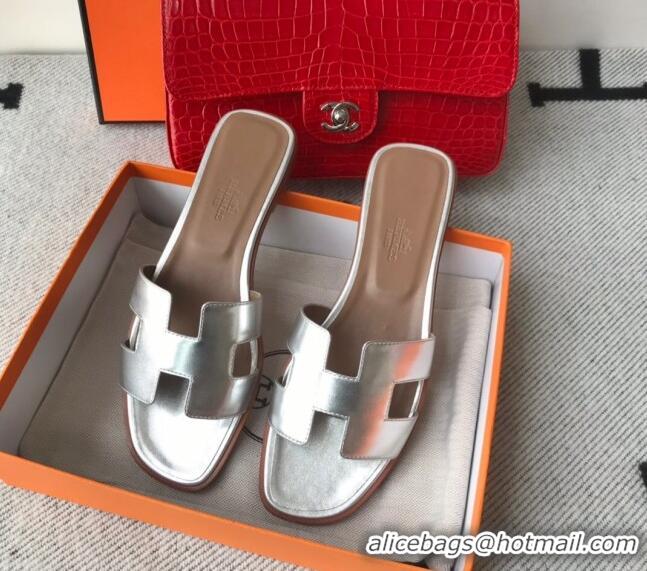 Best Design Hermes Oran H Flat Slipper Sandals in Smooth Metallic Calfskin 040298 Silver 2021