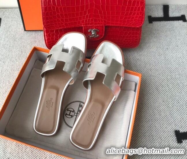 Best Design Hermes Oran H Flat Slipper Sandals in Smooth Metallic Calfskin 040298 Silver 2021