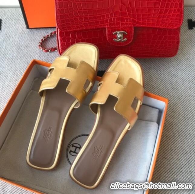 Well Crafted Hermes Oran H Flat Slipper Sandals in Smooth Metallic Calfskin 040298 Yellow Gold 2021