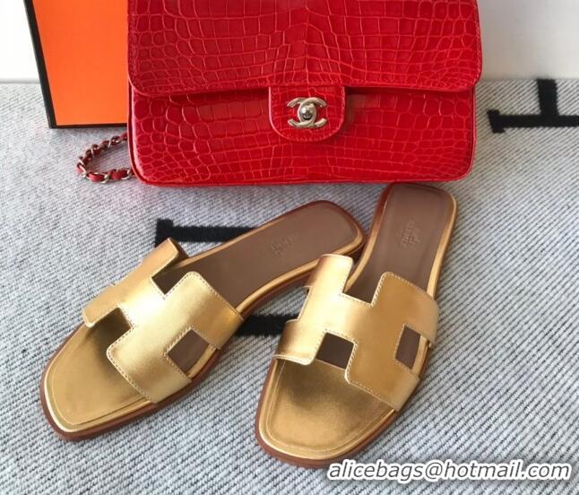 Well Crafted Hermes Oran H Flat Slipper Sandals in Smooth Metallic Calfskin 040298 Yellow Gold 2021