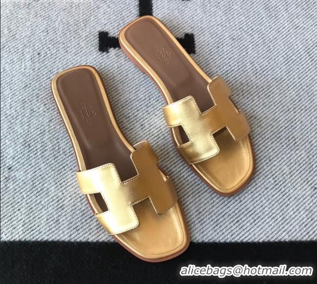 Well Crafted Hermes Oran H Flat Slipper Sandals in Smooth Metallic Calfskin 040298 Yellow Gold 2021