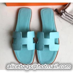 Unique Ladies Hermes Oran H Flat Slipper Sandals in Smooth Metallic Calfskin 040298 Macaron Blue 2021