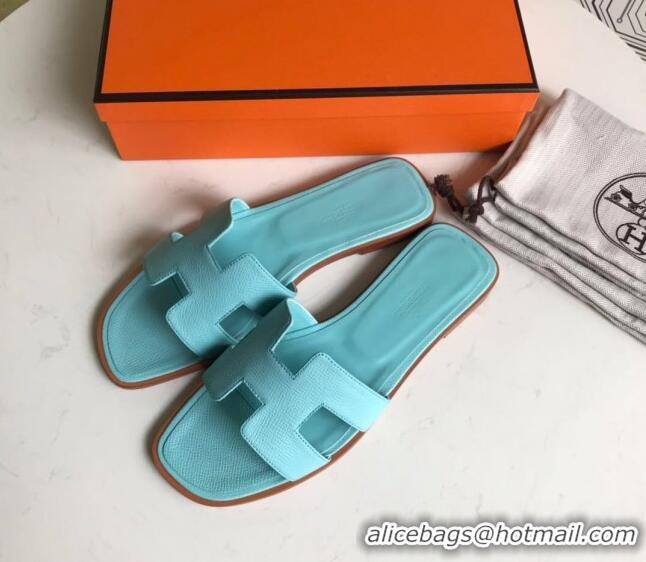 Unique Ladies Hermes Oran H Flat Slipper Sandals in Smooth Metallic Calfskin 040298 Macaron Blue 2021