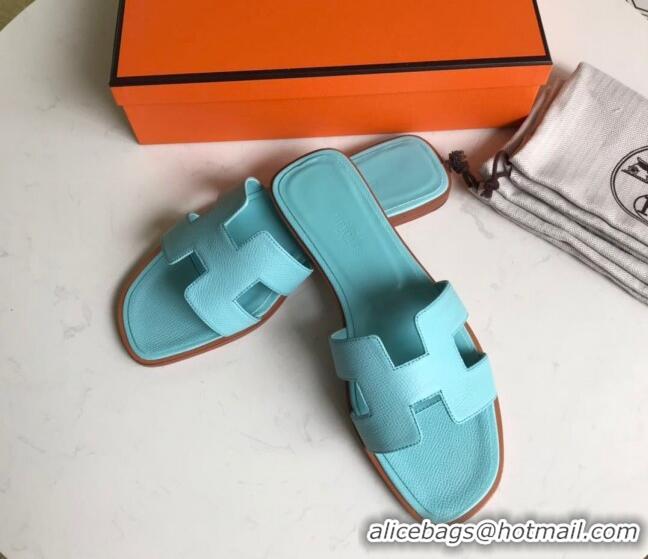 Unique Ladies Hermes Oran H Flat Slipper Sandals in Smooth Metallic Calfskin 040298 Macaron Blue 2021