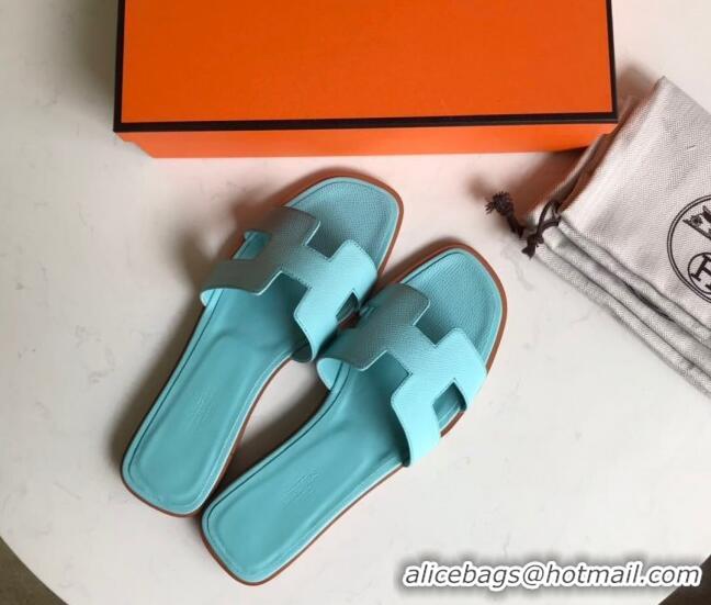 Unique Ladies Hermes Oran H Flat Slipper Sandals in Smooth Metallic Calfskin 040298 Macaron Blue 2021