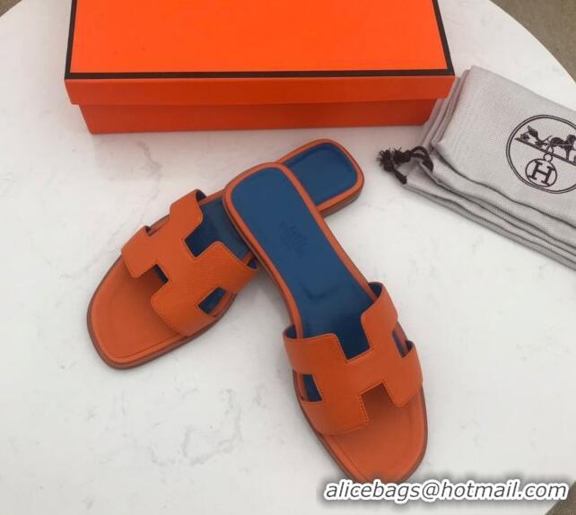 Top Quality Hermes Oran H Flat Slipper Sandals in Smooth Metallic Calfskin 040298 Orange/Blue 2021