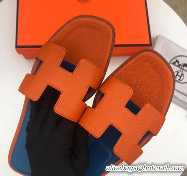 Top Quality Hermes Oran H Flat Slipper Sandals in Smooth Metallic Calfskin 040298 Orange/Blue 2021