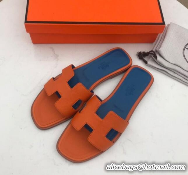 Top Quality Hermes Oran H Flat Slipper Sandals in Smooth Metallic Calfskin 040298 Orange/Blue 2021