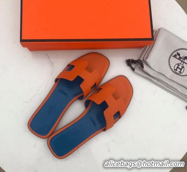 Top Quality Hermes Oran H Flat Slipper Sandals in Smooth Metallic Calfskin 040298 Orange/Blue 2021