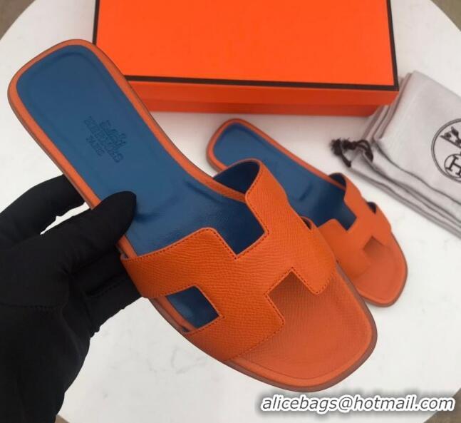 Top Quality Hermes Oran H Flat Slipper Sandals in Smooth Metallic Calfskin 040298 Orange/Blue 2021