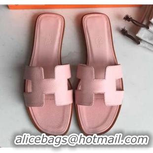 Super Quality Hermes Oran H Flat Slipper Sandals in Smooth Metallic Calfskin 040298 Light Pink 2021