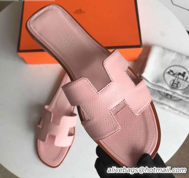 Super Quality Hermes Oran H Flat Slipper Sandals in Smooth Metallic Calfskin 040298 Light Pink 2021