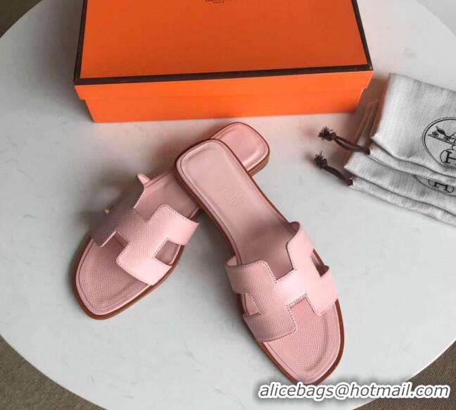 Super Quality Hermes Oran H Flat Slipper Sandals in Smooth Metallic Calfskin 040298 Light Pink 2021