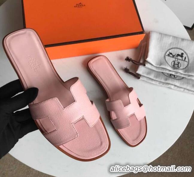 Super Quality Hermes Oran H Flat Slipper Sandals in Smooth Metallic Calfskin 040298 Light Pink 2021