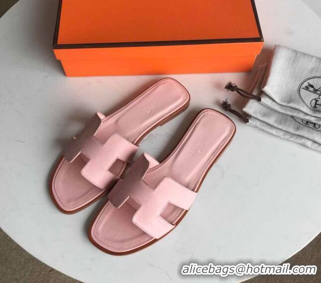 Super Quality Hermes Oran H Flat Slipper Sandals in Smooth Metallic Calfskin 040298 Light Pink 2021