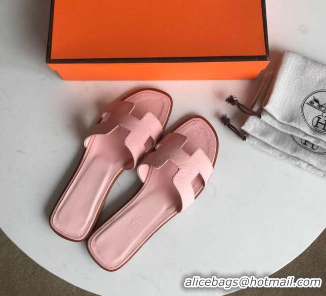 Super Quality Hermes Oran H Flat Slipper Sandals in Smooth Metallic Calfskin 040298 Light Pink 2021