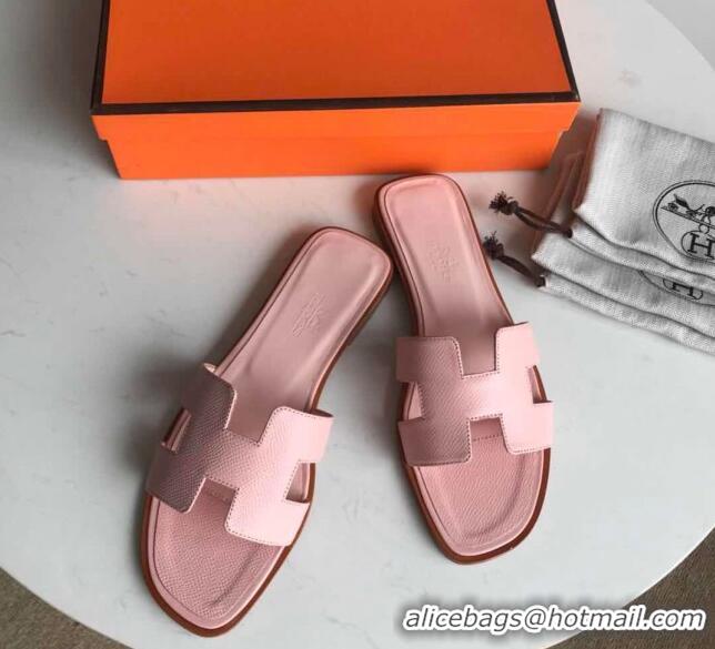 Super Quality Hermes Oran H Flat Slipper Sandals in Smooth Metallic Calfskin 040298 Light Pink 2021