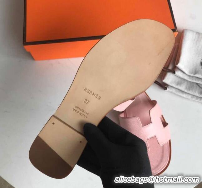 Super Quality Hermes Oran H Flat Slipper Sandals in Smooth Metallic Calfskin 040298 Light Pink 2021