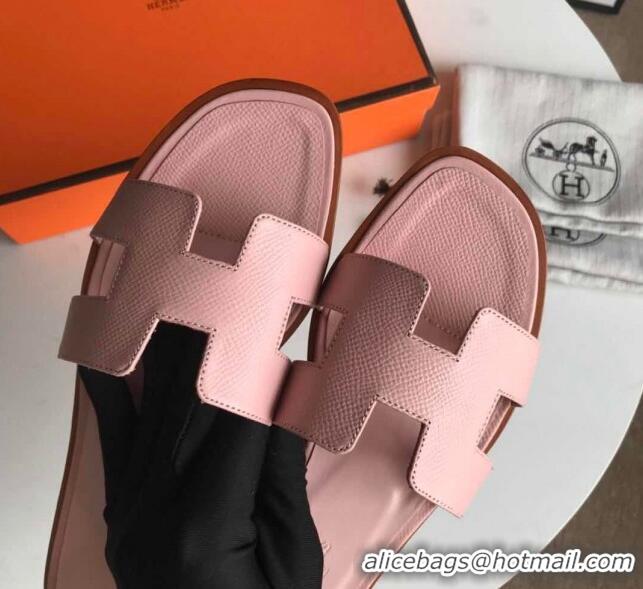 Super Quality Hermes Oran H Flat Slipper Sandals in Smooth Metallic Calfskin 040298 Light Pink 2021