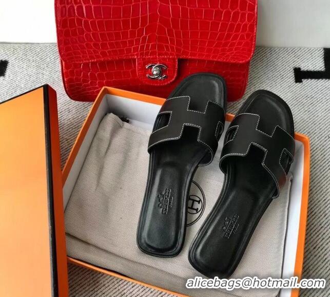 Popular Hermes Oran H Flat Slipper Sandals in Smooth Calfskin 040279 All Black 2021