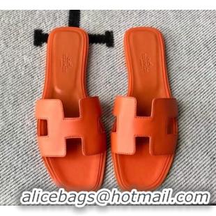 Low Cost Hermes Oran H Flat Slipper Sandals in Smooth Calfskin 040279 Orange 2021