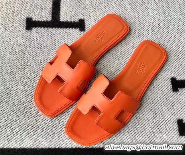 Low Cost Hermes Oran H Flat Slipper Sandals in Smooth Calfskin 040279 Orange 2021