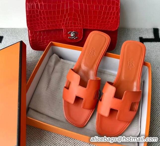 Low Cost Hermes Oran H Flat Slipper Sandals in Smooth Calfskin 040279 Orange 2021