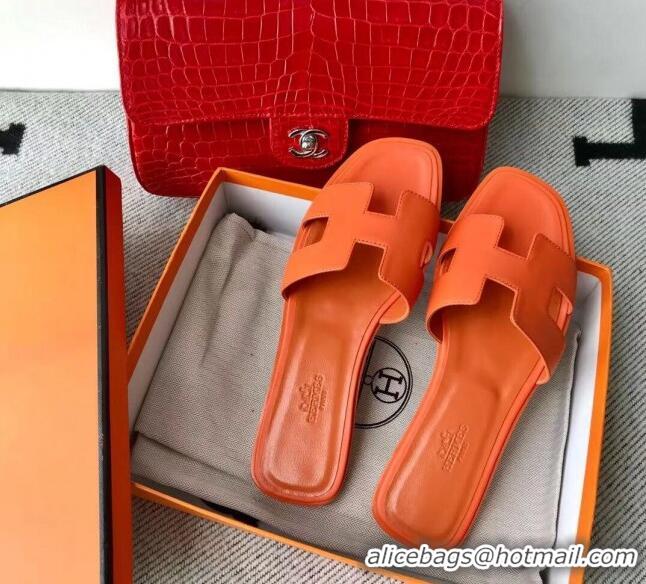 Low Cost Hermes Oran H Flat Slipper Sandals in Smooth Calfskin 040279 Orange 2021