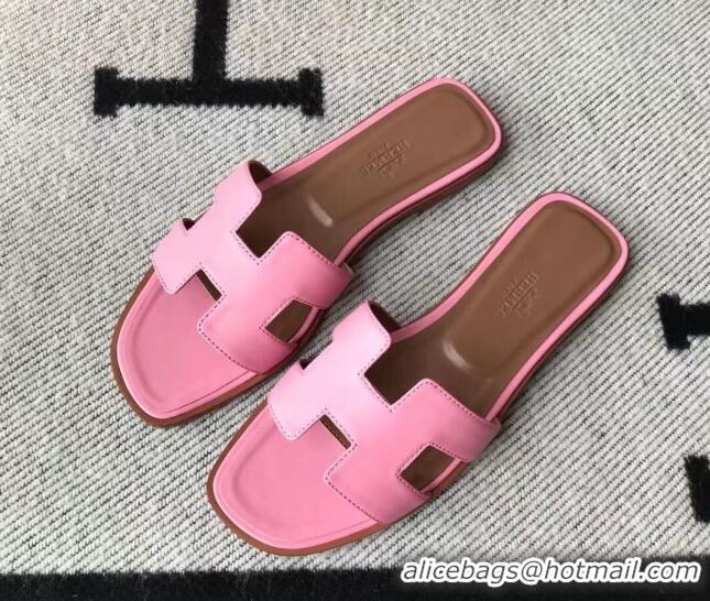 Good Product Hermes Oran H Flat Slipper Sandals in Smooth Calfskin 040279 Sakura Pink 2021