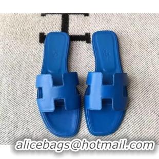 Pretty Style Hermes Oran H Flat Slipper Sandals in Smooth Calfskin 040266 Blue 2021