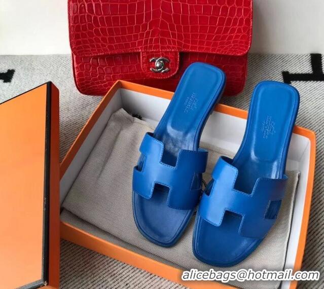 Pretty Style Hermes Oran H Flat Slipper Sandals in Smooth Calfskin 040266 Blue 2021