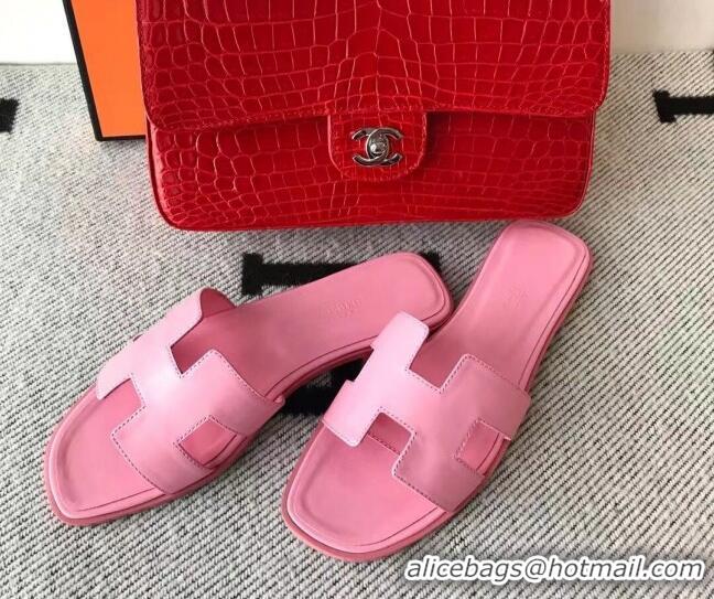 Top Grade Hermes Oran H Flat Slipper Sandals in Smooth Calfskin 040266 Sakura Pink 2021