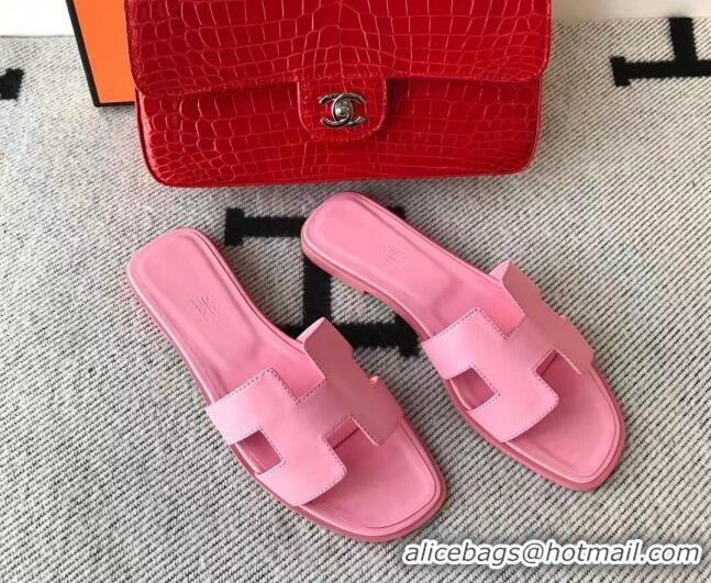 Top Grade Hermes Oran H Flat Slipper Sandals in Smooth Calfskin 040266 Sakura Pink 2021