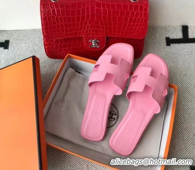 Top Grade Hermes Oran H Flat Slipper Sandals in Smooth Calfskin 040266 Sakura Pink 2021