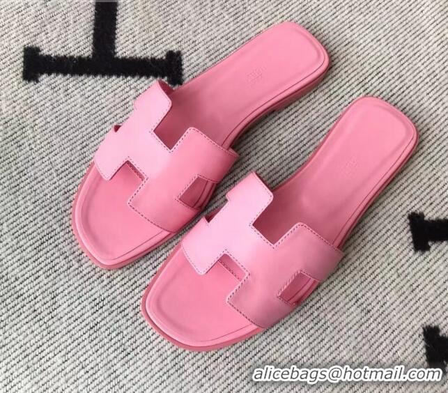 Top Grade Hermes Oran H Flat Slipper Sandals in Smooth Calfskin 040266 Sakura Pink 2021