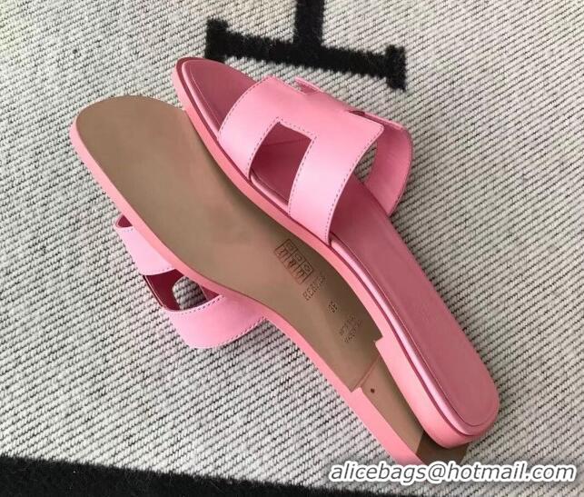 Top Grade Hermes Oran H Flat Slipper Sandals in Smooth Calfskin 040266 Sakura Pink 2021