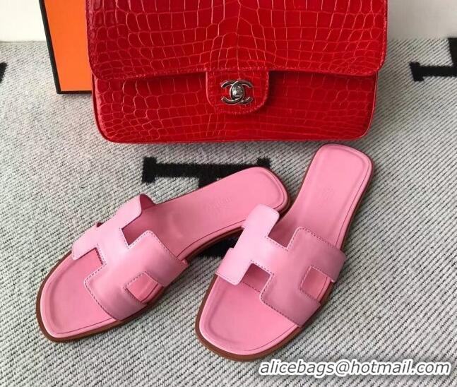 Unique Style Hermes Oran H Flat Slipper Sandals in Smooth Calfskin 040266 Sakura Pink 2021