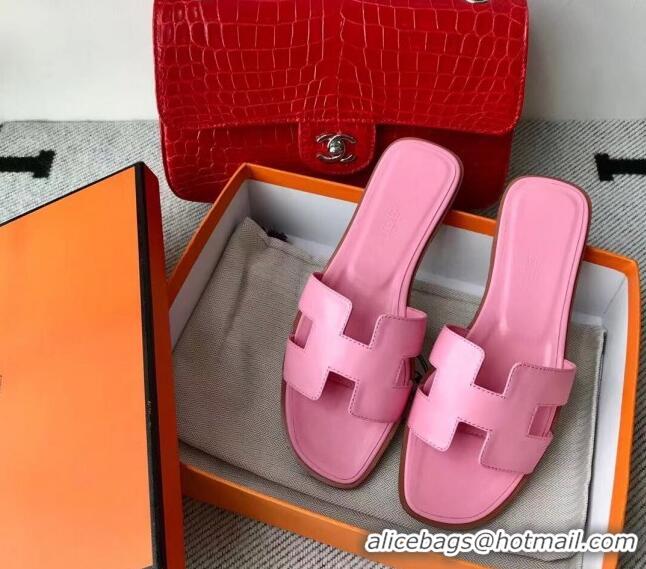 Unique Style Hermes Oran H Flat Slipper Sandals in Smooth Calfskin 040266 Sakura Pink 2021