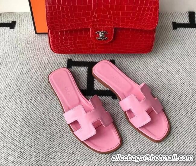 Unique Style Hermes Oran H Flat Slipper Sandals in Smooth Calfskin 040266 Sakura Pink 2021